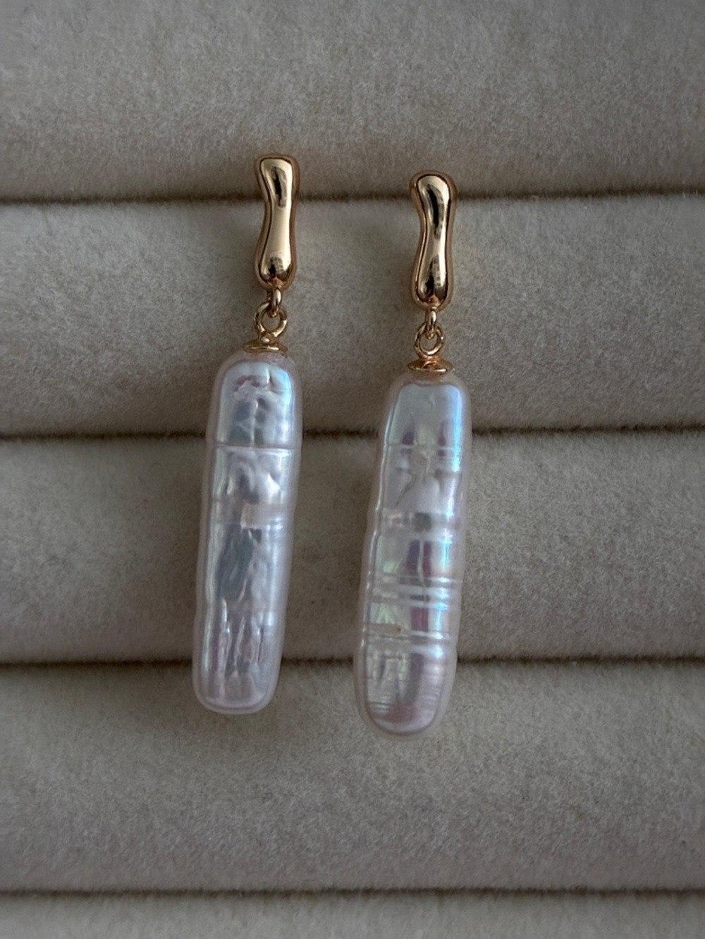 Gold Pearl Stick Drop Earrings - White Baroque Pearl Dangles